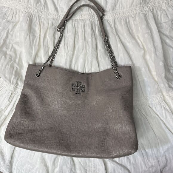 Tory Burch Britten‎ Tote Bag French Grey Handbag Shoulder Pebbled Leather  Chain - Picture 1 of 14